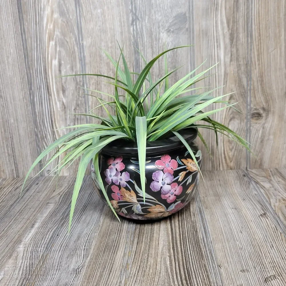 Vintage Hand Painted Floral Black Planter, Oklahoma Importing Co - Picture 1 of 7